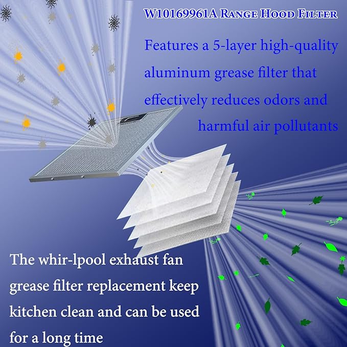 Upgraded W10169961A Range Hood Filter Fit for whirl-pool Range Hood Filter and Samsung Kitchen Aid GE Ikea Thermador etc the stove vent hood filters by size12"x10.5" 2pack