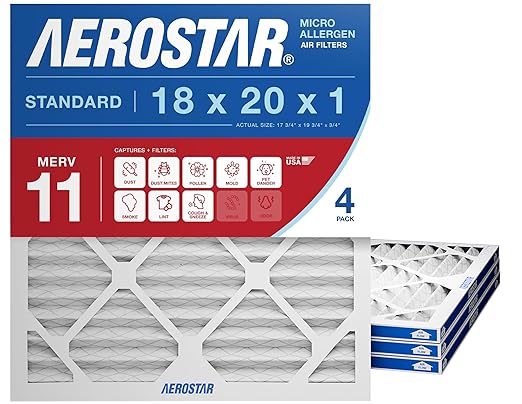 Aerostar 18x20x1 MERV 11 - 4 Count - Pleated HVAC, Furnace & Air Conditioner Filters - Removes Dust, Cold & Flu Germs, Lint, Mold, Pet Dander, Allergy-Causing Pollen, Smog & Smoke