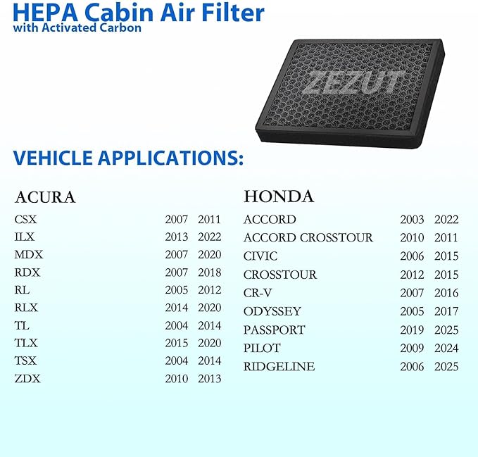Cabin Air Filter, for Honda: 2007-2016 CR-V, 2006-2015 Civic, 2003-2023 Accord, 2009-2023 Pilot, Odyssey, Crosstour, Passport, Acura: ILX, MDX (CF10134)