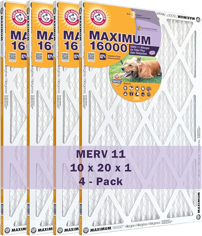 Arm & Hammer Max Allergen & Odor Reduction 10x20x1 Air and Furnace Filter, MERV 11, 4-Pack
