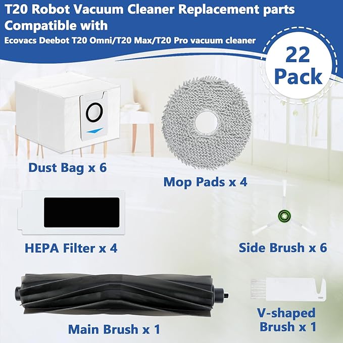 22 Pack Replacement Parts for ECOVACS DEEBOT T20 Omni /T20 Max /T20 Pro Vacuum Cleaner Accessories Kit Include 1 Main Brush, 4 Hepa Filters, 4 Mop Pads, 6 Vacuum Bags, 6 Side Brushs, 1 V-shaped brush