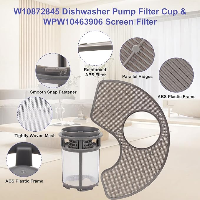 W10872845 Dishwasher Pump Filter Replacement Cup & WPW10463906 Screen Filter - Compatible with Whirlpool/Kenmore/KitchenAid Dishwasher- Replaces AP6030094 W10393351 AP6021820 PS11755148 2312301