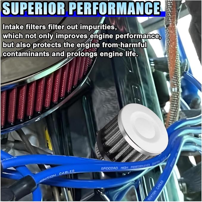 1" Car Air Intake Filter, 25mm Auto Crankcase Cold Air Filter Cleaner with Adjustable Clamp, Universal Vent Valve Cover Breather for Car, Motorcycle (Silver)