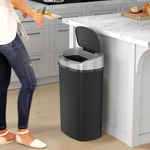 iTouchless 13 Gallon Sensor Kitchen Trash Can with Lid and Odor Filter, Durable Dent-Proof Automatic Waste Basket Garbage Bin Great for Home, Office, Business, Slim Space-Saving, Oval, Black Plastic