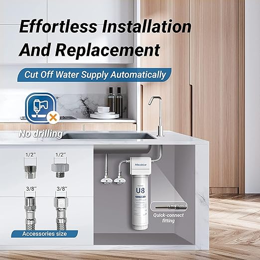 Maxblue U8-ST Under Sink Water Filter, 2 Years High Capacity, Reduces Lead, Chlorine, Heavy Metals, Bad Taste & Odor, Under Sink Water Filtration System, USA Tech
