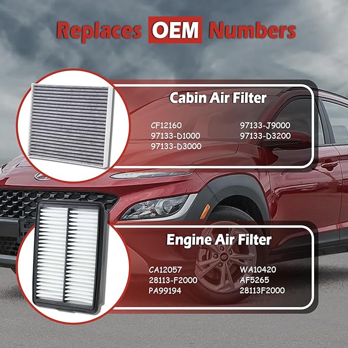 28113-F2000 Engine Air Filter and 97133-D1000 Cabin Air Filter kit Compatible with 2018-2023 Hyundai Kona 2019-2021 Veloster 2020-2022 Kia Soul 1.6L 2.0L Replaces CA12057 CF12160