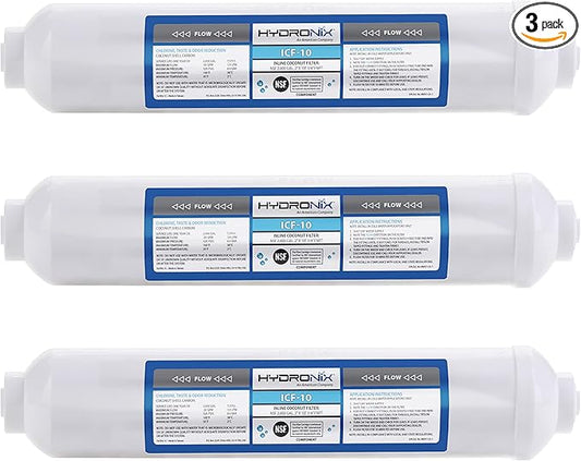 Hydronix ICF-10 Inline Post Activated Carbon Water Filter Replacement Cartridge with 1/4-Inch NPT for Refrigerator, Ice Maker, RO Reverse Osmosis System, 2000 Gallons - 1 Year Capacity (3 Pack)