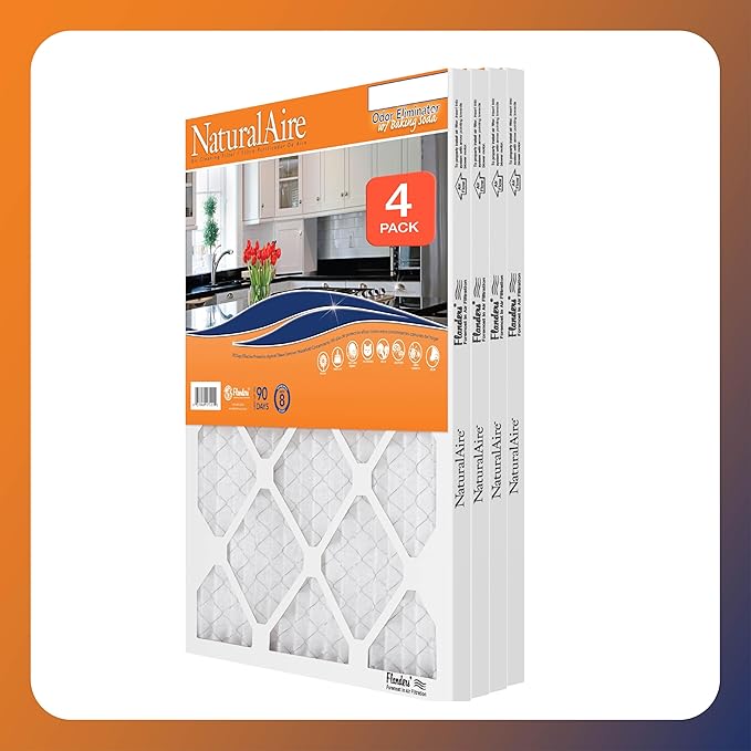 NaturalAire 20x25x1 Pleated Air Filter - Odor Eliminator with Baking Soda, 4-Pack of MERV 8. Controls Household Odors and Traps Harmful Airborne Particles, Lasting Up To 90 Days. 84857.012025