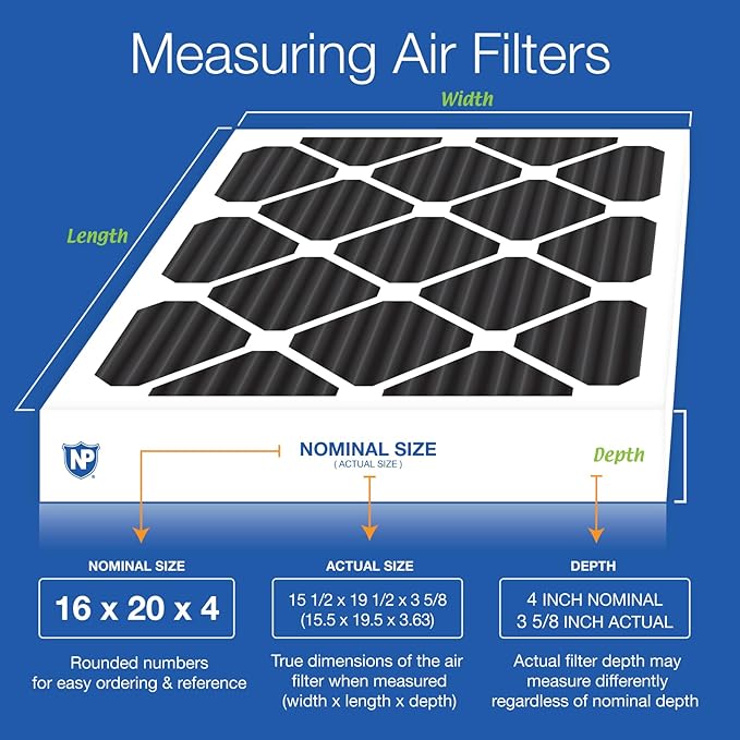 Nordic Pure 16x20x4 (Actual Size: 15 1/2 x 19 1/2 x 3 5/8) Pure Carbon Pleated Odor Reduction Merv 8 Furnace Filters 6 Pack