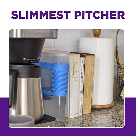 PUR Slim Water Filter Pitcher, 8-Cup Capacity, Compact Design for Dorms & Mini Fridges, Dishwasher Safe, Fast Filtration, Includes 1 Filter for Cleaner Great-Tasting Drinking Water Filtration, Blue