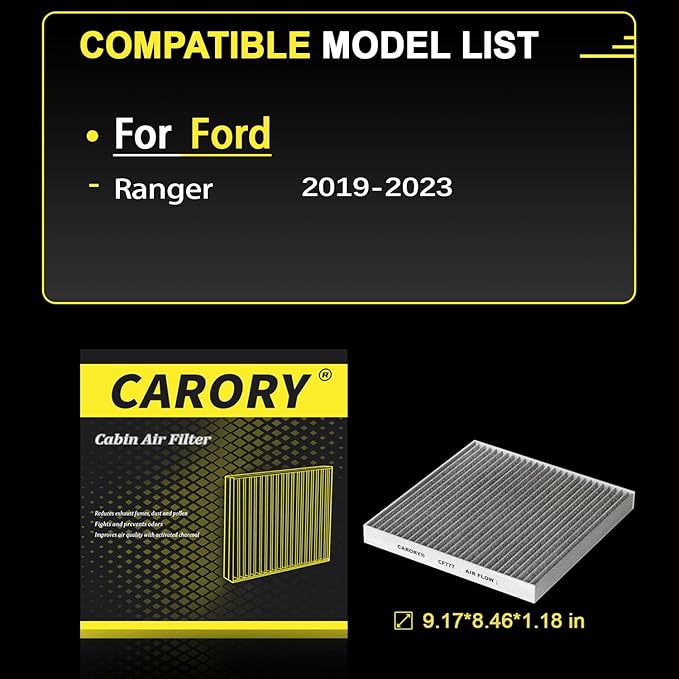 Cabin Air Filter w/Activated Carbon for Ford Ranger 2019 2020 2021 2022 2023 .KB3Z19N619A, CF12776, FP-88
