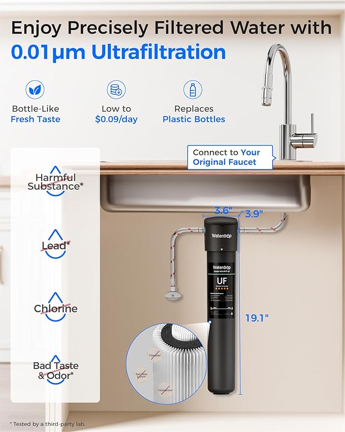 Waterdrop 17UA-UF 0.01 μm Ultra Filtration Under Sink Water Filter System, 3 Years, Reduces Lead, Chlorine, Bad Taste & Odor, Direct Connect to Kitchen Faucet, USA Tech