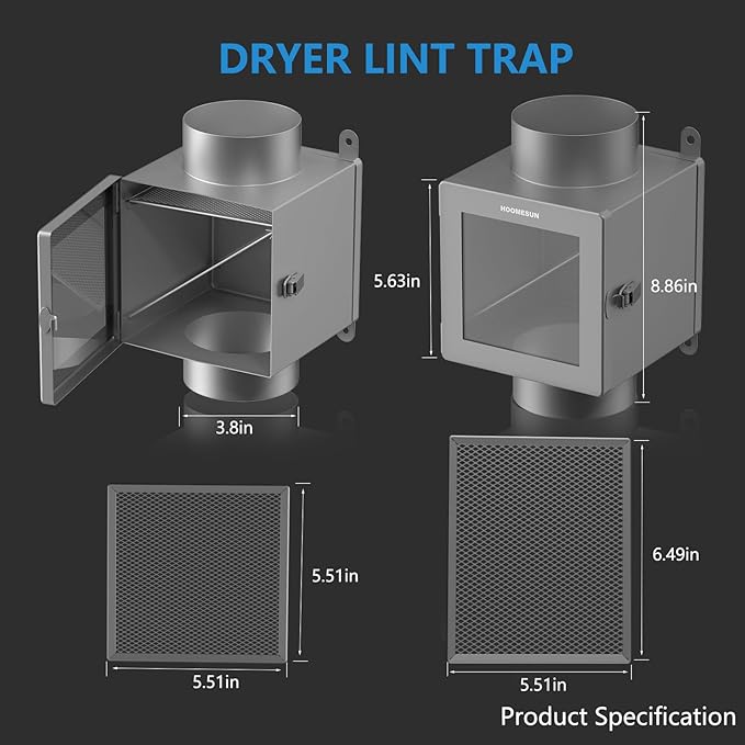 Dryer Duct Lint Trap, Indoor Dryer Vent Kit with 4inch 8FT Dryer Vent Hose, 2 Clamps, 2 Stainless Steel Mesh, Secondary Lint Trap for Electric Clothes Dryers - Dryer Lint Catcher(Metal)