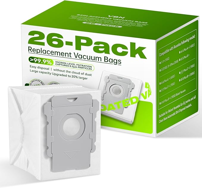 VBN 26 Pack Vacuum Bags for iRobot Roomba i s j 100 400 500 Series All Clean Base, Fit i3+ i4+ i5+ i6+ i7+ i8+ j7+ j8+ j9+ s9+ 104 105 405 504 505 507 Vac Combo, 705 Max Combo10, Dirt Disposal Bags