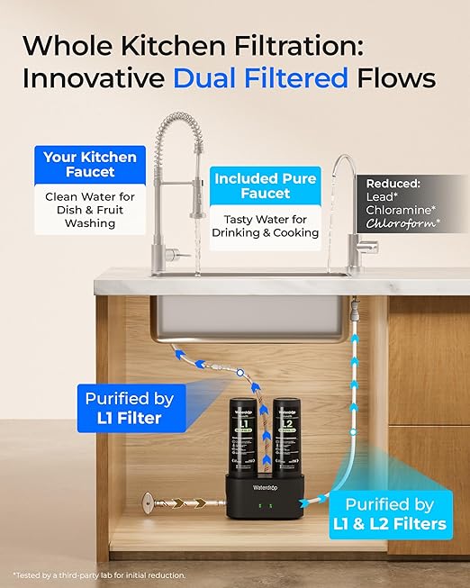 Waterdrop DLG-L Under Sink Water Filter, Reduces Chlorine Lead Chloramine Bad Taste, 2 Stage Under Sink Water Filtration System with Separate Faucet, Life Indicator, Innovative Dual Filtered Flows