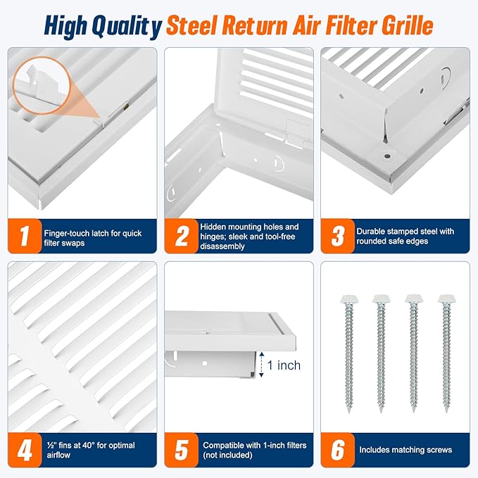 Fancat Return Air Filter Grille for 16x20 Ducts, Steel Vent Cover Grille with Removable Door for 1" Filters | Suitable for Sidewall & Ceiling | White Coating| Outer Dimensions:: 18 5/8" W x 22 5/8" H