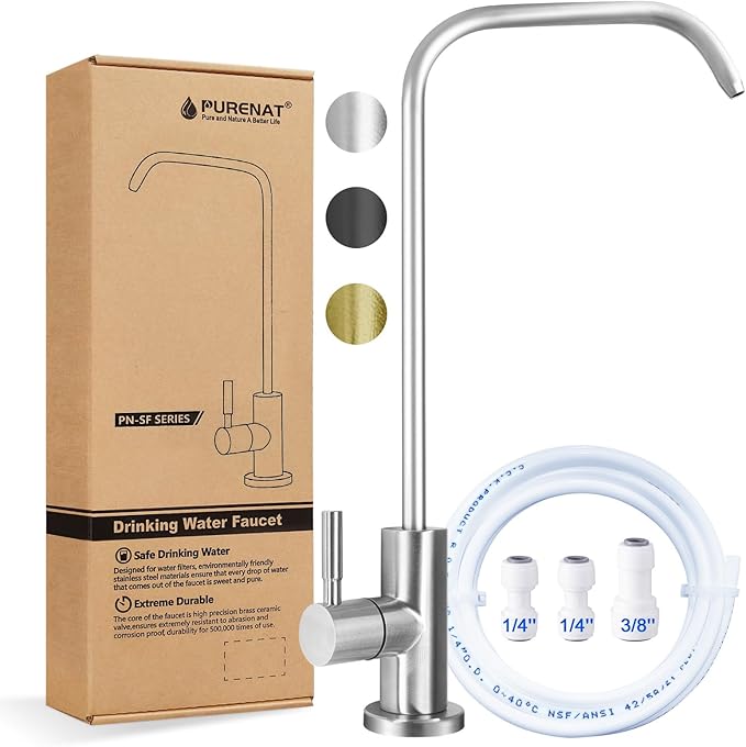 Drinking Water Faucet - Long Thread Stem Filtered Water Tap for Thick Countertop,Lead-Free RO Faucet with Hose and Push Connect Fittings(Brushed Stainless - "7" Shape)