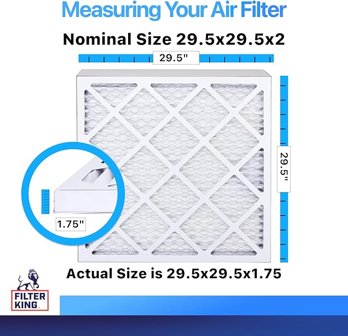 Filter King 29.5x29.5x2 Air Filter (MERV 8) (5-Pack) Dust & Allergy Control AC Furnace Filters, MADE IN USA, HVAC, Pleated, Electrostatic (Actual Size: 29.5 x 29.5 x 1.75)