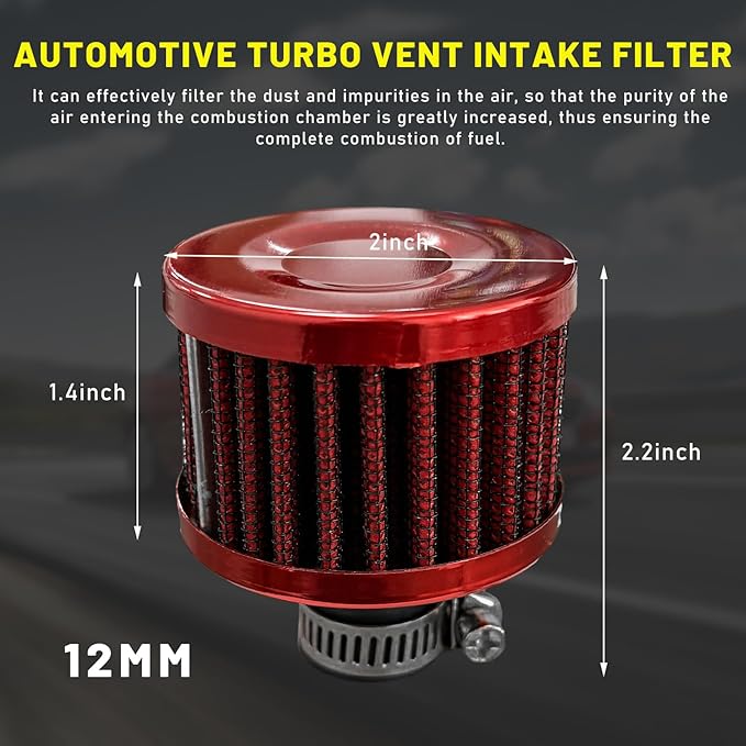 12mm Mini Air Filter, Universal Motor Cold Air Intake Filter Breather, Auto Turbo Vent Intake Filter Cleaner, Crankcase Breather Car Accessories for Motorcycle Engine Parts (Red)