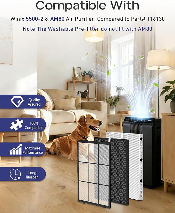 116130 Replacement Filter H Compatible with Winix 5500-2 Plasmawave Air Puri-Fier and Models Am80, Include 3 True HEPA Filter H and 3 Activated Carbon Pre-Filters and 1 Washable Pre-Filter
