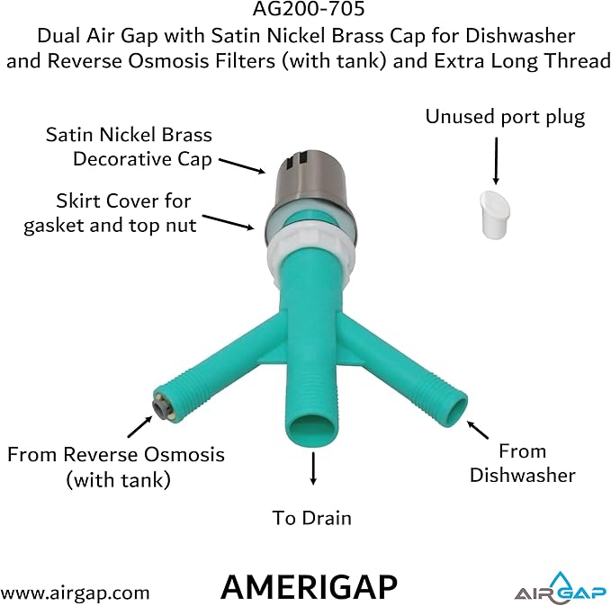 Dual Air Gap with Satin Nickel Brass Cap for Dishwasher and Reverse Osmosis Filters (with tank) and Extra Long Thread (AG200-705, AG200-X05, AMERIGAP)