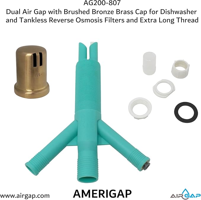 Dual Air Gap with Brushed Bronze Brass Cap for Dishwasher and Tankless Reverse Osmosis Filter and Extra Long Thread (AG200-807, AG200-X07, AMERIGAP)