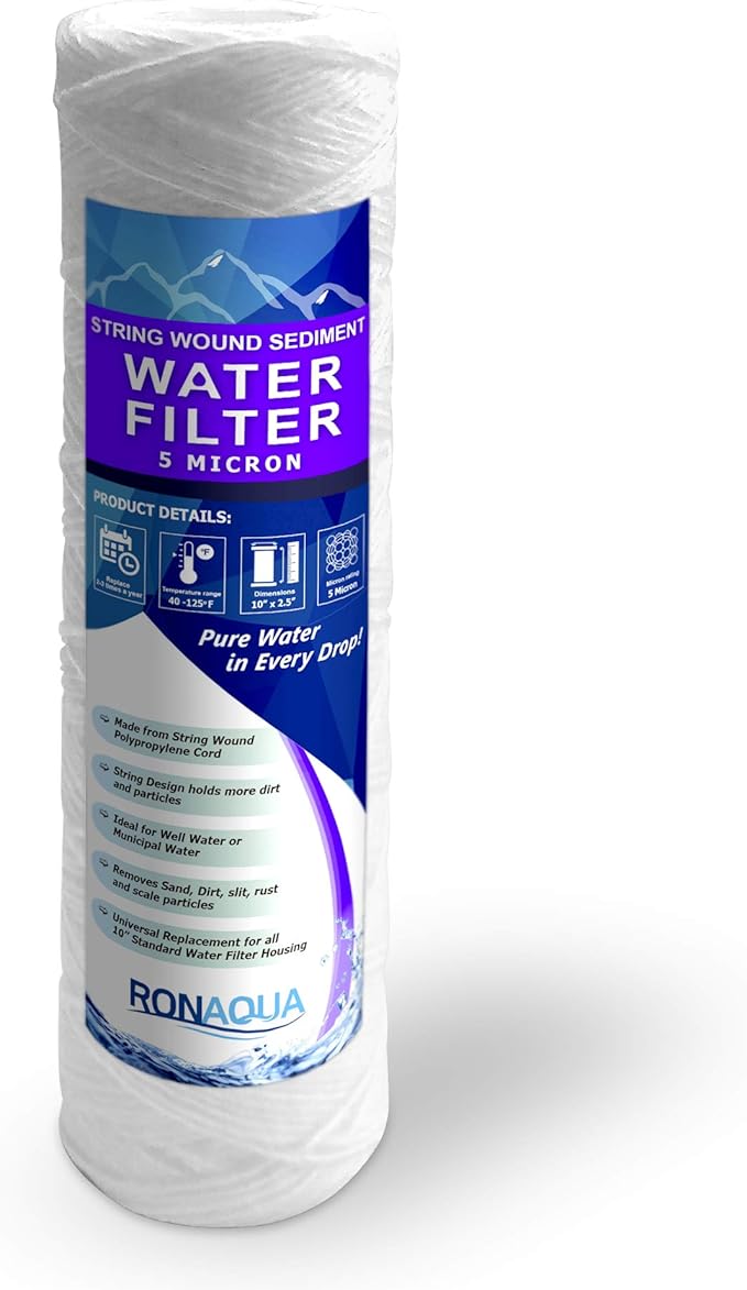 Ronaqua Wound String 5 Micron Sediment Water Filter Cartridge 10 Inc. x 2.5 Inc. A Replacement for Any RO System WELL-MATCHED with PFC4002, RS2-DS, WP5, WFPFC4002, 43235-76350