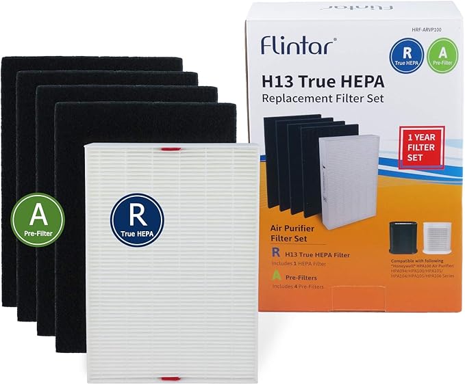 Flintar HPA100 Replacement, Compatible with Honeywell Air Purifier HPA100, HPA094, HPA3100, HPA5100 Series, (1) Filter R + (4) Activated Carbon Pre-Filter A