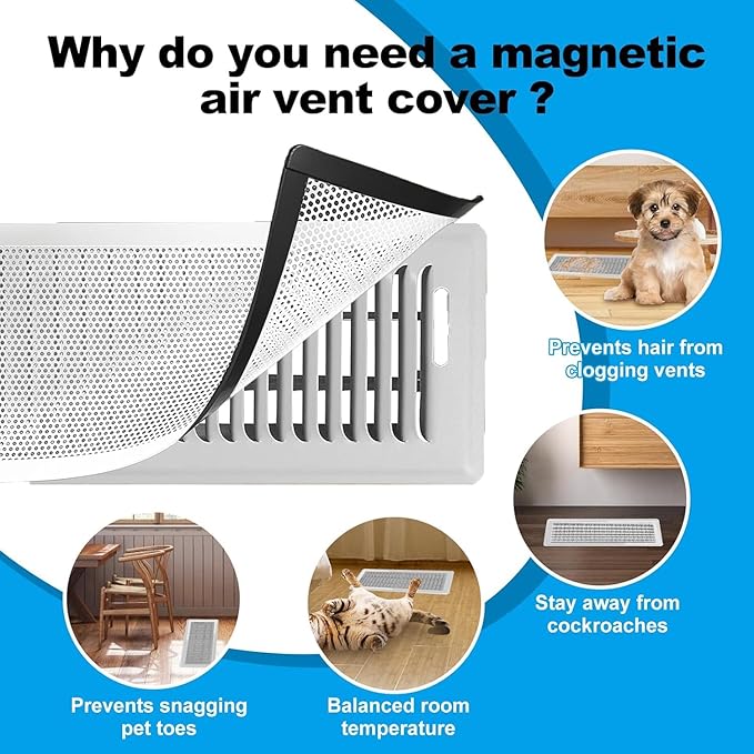 6 PCS White Magnetic Vent Covers - 7"x13" Magnetic Air Vent Screen - for Floor/Wall/Ceiling Registers - Easy Install, Secure Fit - Durable (Fits Registers 7" to 8" Wide x 13" to 15" Long)
