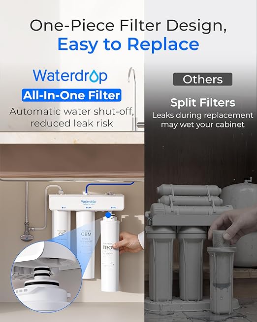 Waterdrop T3-T 220 GPD, Remineralization 7-Stage Reverse Osmosis System, 2:1 Pure to Drain, NSF/ANSI 372 Certified Water Filtration System, Under Sink RO Water Filter with Water Tank, No Power Needed