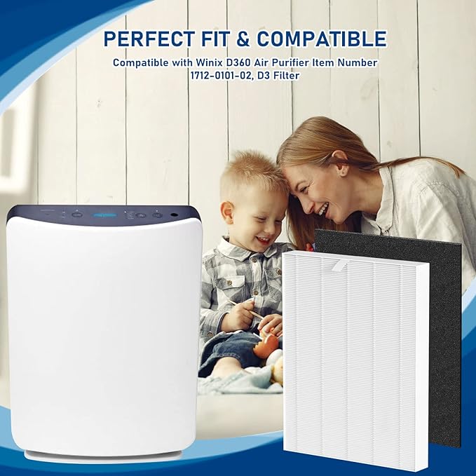 D360 True HEPA Replacement Filter D3 Compatible with Winix D360 Air Cleaner Purifier, Compare to Part Number 1712-0101-02, 2 x True HEPA Filters & 8 x Activated Carbon Filters