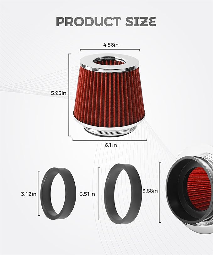 Cold Air Intake Filter,Car Accessories Intake Filter,Automotive Replacement Air Filters,76 89 102MM Performance Round Tapered Cone Filters,Suitable for Most Cars,Trucks,Motorcycles,etc (Red)