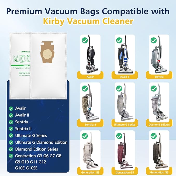 15 Pack Fit for 204814 Micron Magic Hepa Filter Plus Bags Compatible with Kirby Vacuums 205811, for Vacuums Models G4 G5 Gsix, Ultimate G Series Diamond Edition Sentria Sentria II Avalir Avalir II