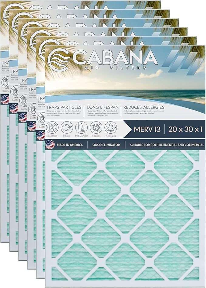 Cabana Filters 6-Pack 20x30x1 MERV 13 AC Furnace Air Filter for Home and Office - Indoor HVAC System Filtration Replacement, Captures Unwanted Particles