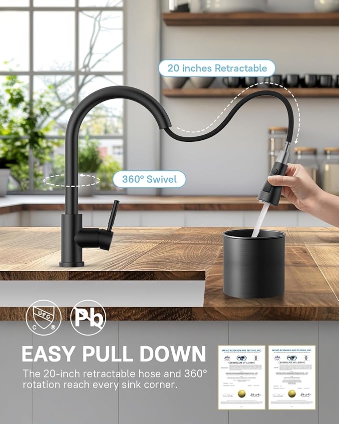 WEWE Kitchen Faucet with Pull Down Sprayer and Soap Dispenser, Matte Black High Arc Single Handle Stainless Steel Sink Faucet, Suitable for Farmhouse, RV & Laundry