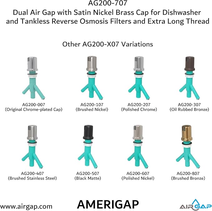 Dual Air Gap with Satin Nickel Brass Cap for Dishwasher and Tankless Reverse Osmosis Filter and Extra Long Thread (AG200-707, AG200-X07, AMERIGAP)