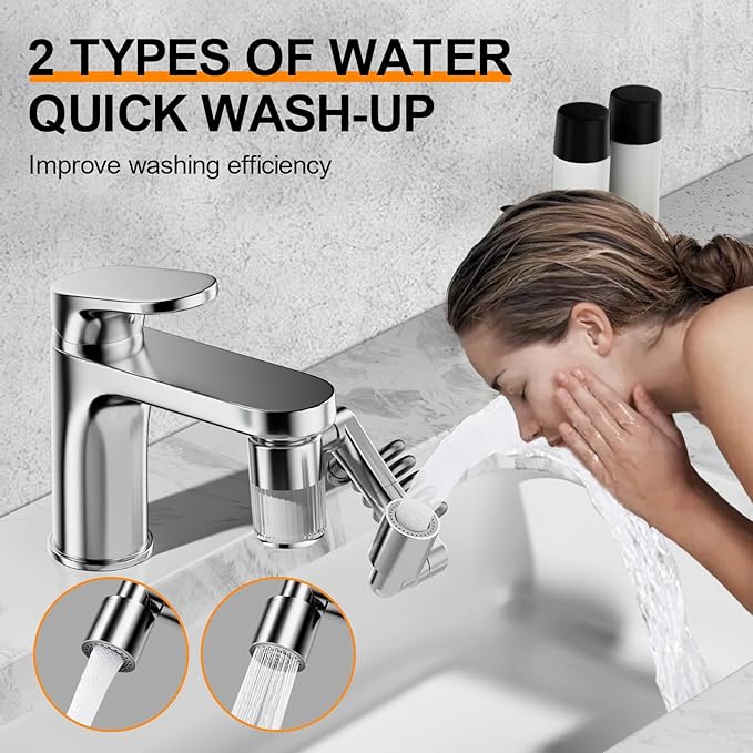 Water Filter for Sink Faucet Extender - 2 Mode 1080° Rotating Swivel Faucet Aerator - Bathroom Sink Sprayer Attachment for Faucet with Stretchable Hose - 5pcs Cartridges Reduce Heavy Metal