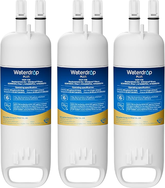Waterdrop Plus EDR1RXD1 Replacement for Everydrop® Filter 1, W10295370A, EDR1RXD1B, P8RFWB2L, P4RFWB, 46-9081, 46-9930, WDP-F38 Refrigerator Water Filter, 3 Pack