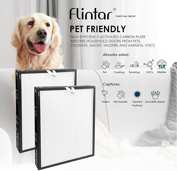 Flintar Vital 100S Replacement Filter, Compatible with LEVOIT Vital 100S Air Purifier, H13 Grade Filtration + Activated Carbon filter, Part # Vital 100S-RF, Original Filter, 2-Pack