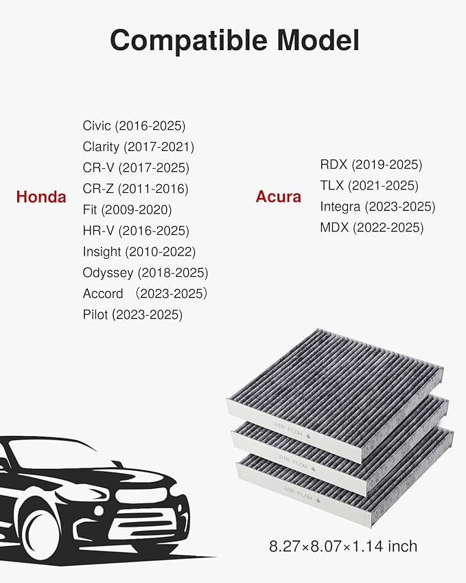 Puroma 3 Pack Cabin Air Filter with Activated Carbon Replacement for CP182, CF11182, Compatible with Honda CR-V, Civic, Accord, Odyssey, HR-V, Clarity, CR-Z, Fit, Insight, Acura MDX, RDX, TLX, Integra