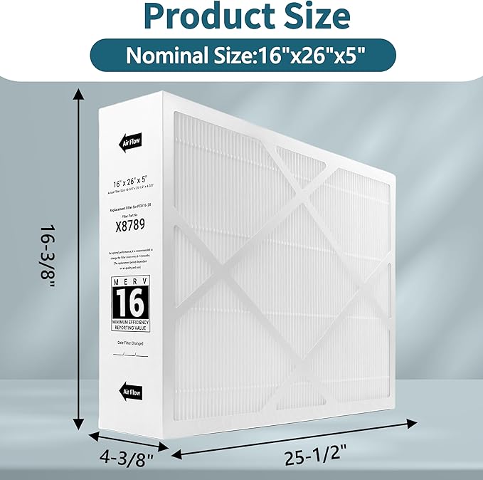 X8789 Filter 16x26x5 MERV 16 Compatible with lennox x8789 filter merv 16 and PureAir PCO16-28 Air Cleaner. Fit 16x26x5 Furnace Filter 2 Packs