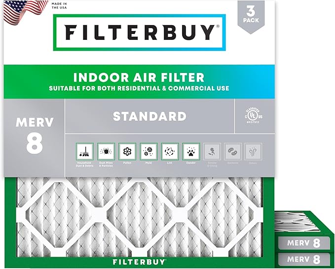 Filterbuy 15x15x1 Air Filter MERV 8 Essential Dust & Allergy Defense (3-Pack), Electrostatic Pleated HVAC AC Furnace Filters Replacement (Actual Size: 15.00 x 15.00 x 0.75)
