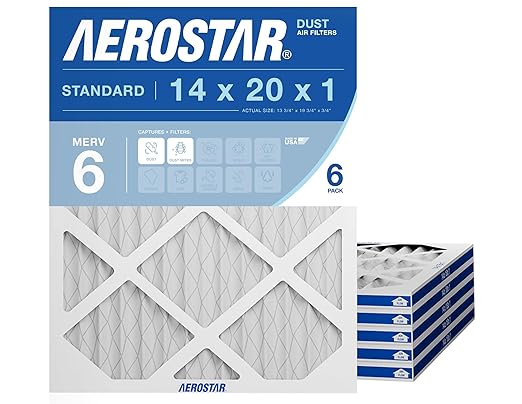 Aerostar 14x20x1 MERV 6 Air Filter, 6 Count, ACTUAL SIZE (13.50 x 19.50 x 0.75), HVAC, Air Conditioning & Furnace Filter for Dust, Lint & Pollen Control (MPR 300 / FPR 3), Made in USA