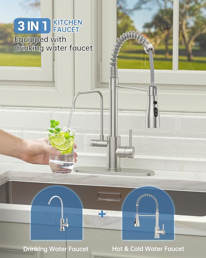 DAYONE Kitchen Faucet with Water Filter and Sprayer, 3 in 1 Pull Down Faucet with Purfied Water Faucet, 20 Inches High Arc Kitchen Water Filter Faucet, Brushed Nickel (Without Filtration Device)