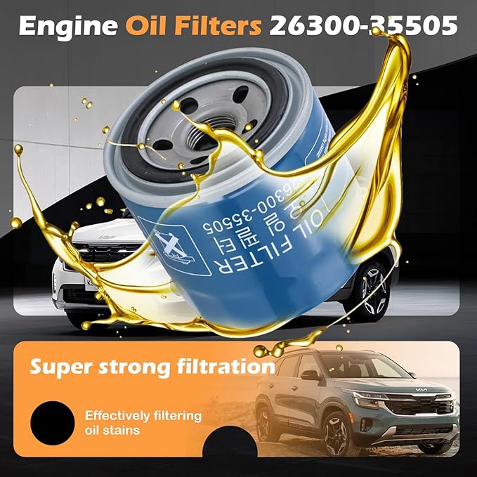 Kefly 26300-35505 Engine Oil Filters Fits for Hyundai Elantra Tucson Santa Fe Kia Sportage Forte Seltos, with Drain Plug Gasket (3 PCS)