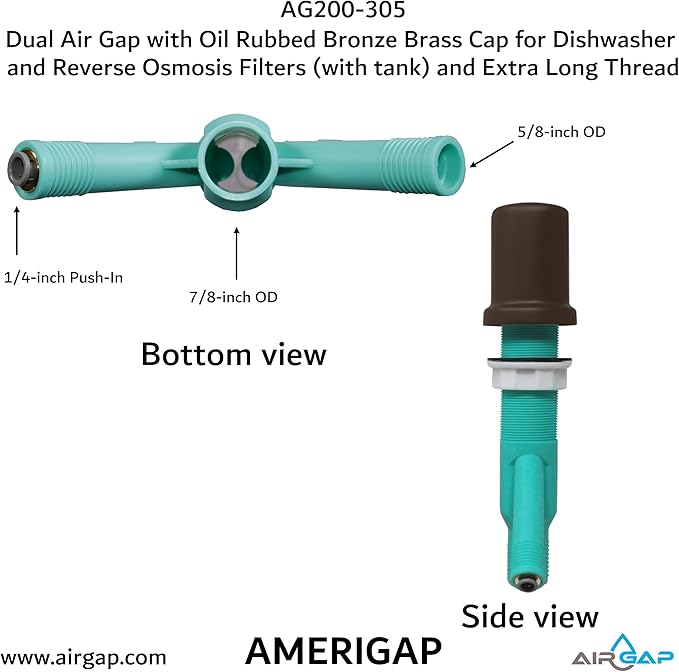Dual Air Gap with Oil Rubbed Bronze Brass Cap for Dishwasher and Reverse Osmosis Filters (with tank) and Extra Long Thread (AG200-305, AG200-X05, AMERIGAP)