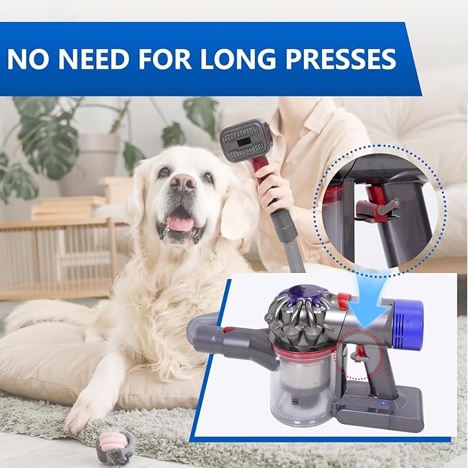 2-in-1 Pet Grooming Kit Compatible with Dyson V7 V8 V10 V11 V15 Vacuum,Dog Hair Vacuum Attachment Removes Loose Hair, Dander, Undercoat & Tangles Self-Cleaning with Extended Vacuum Hose & Trigger Lock