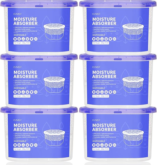 CLEVAST Moisture Absorber Boxes 6 Pack, 10 Oz Dehumidifier for Closet & Bathroom, Humidity Absorber for Wardrobe, Bedroom, RV & Car, Fragrance-Free Moisture Control, Unscented
