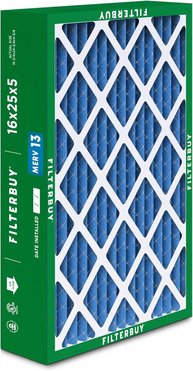 Filterbuy 16x25x5 Air Filter MERV 13 Optimal Smoke & Allergy Defense (4-Pack), Pleated HVAC AC Furnace Filters for Honeywell FC100A1029, Lennox X6670, and More (Actual Size: 15.75 x 24.75 x 4.38)