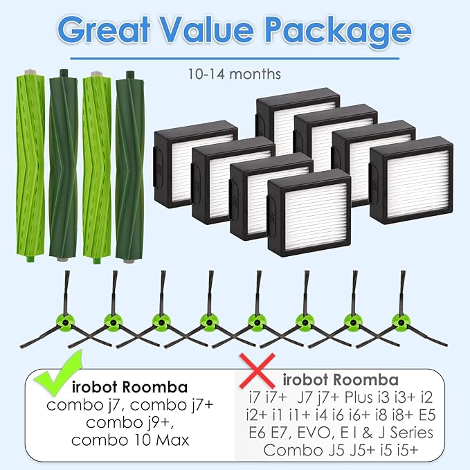 (20 Pack) Combo 10 Max Replacement Parts Compatible with iRobot Roomba Combo j7/ Combo j7+/ Comboj9+/ Combo 10 Max Robot Vacuum, 8 HEPA Filters, 8 Side Brushes, 2 Sets Roller Brushes